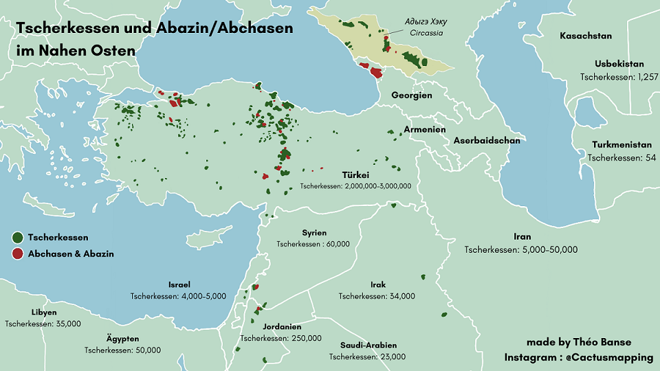 Aktuelle Siedlungsgebiete der Tscherkessen in der Diaspora